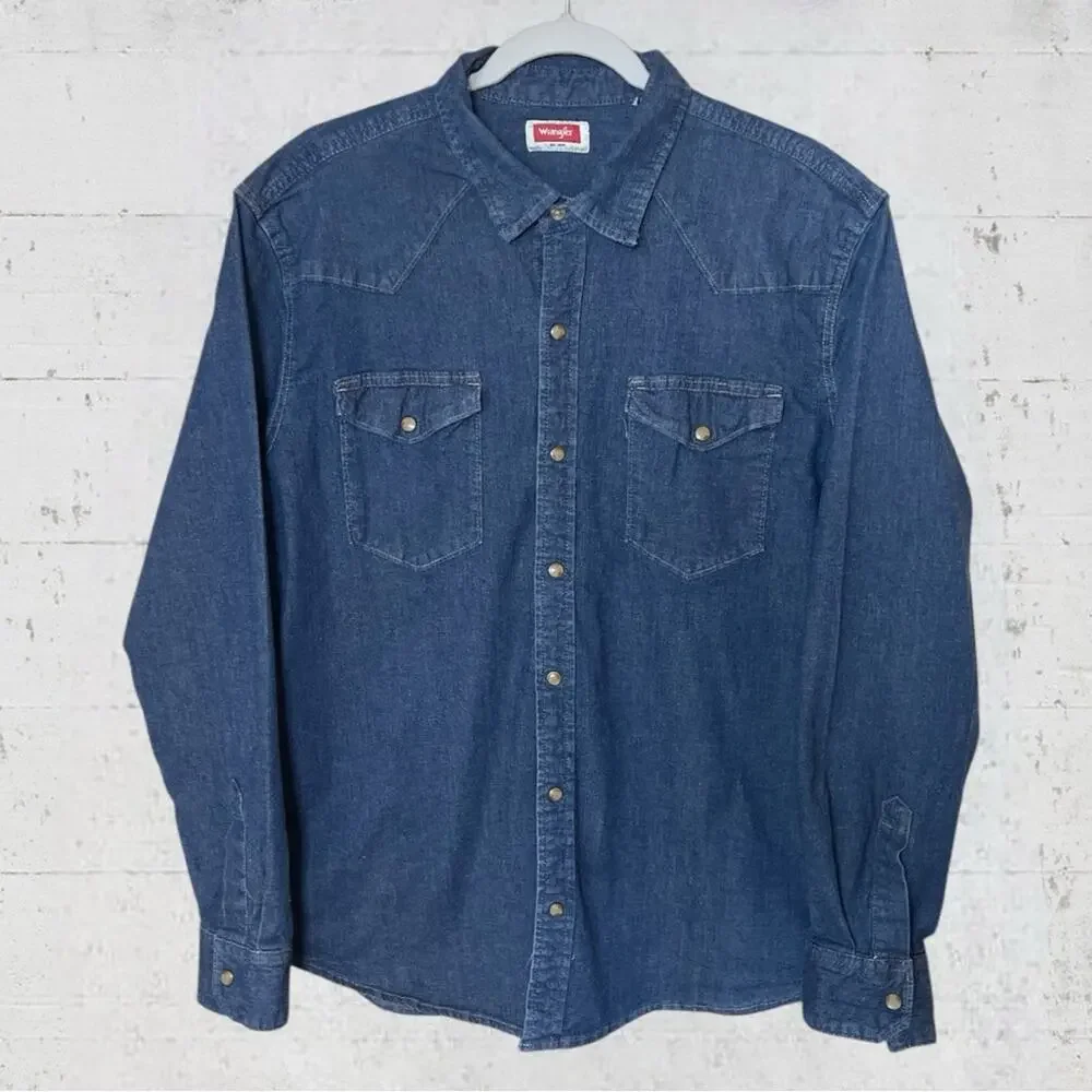 Wrangler Men's Classic Fit Denim Western Pearl Snap Shirt XL Blue Work Cowboy